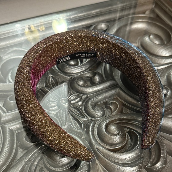 Zara Padded Shimmering Gold Blue and Pink Iridescent Headband - Picture 2 of 5
